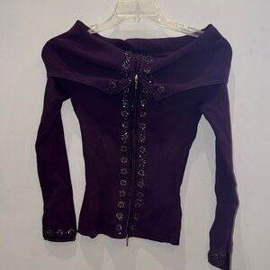 Cache Purple Off-Shoulder Sweater